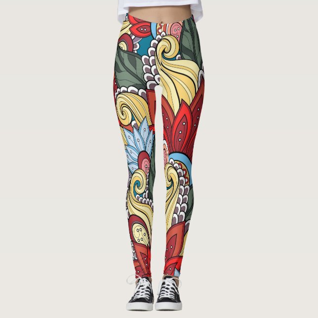 Red Yellow Blue Green Flowers And Swirl Leggings (Front)