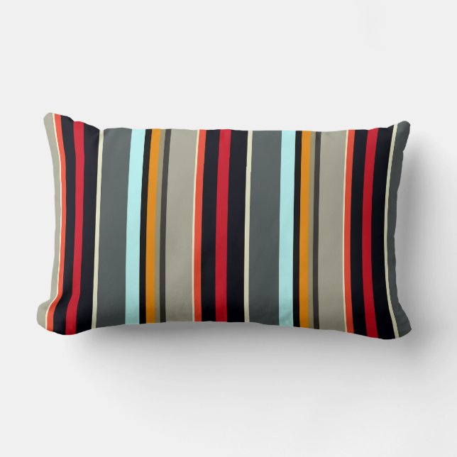 Red Yellow Blue Grey Multicolored Stripe Pattern Lumbar Cushion (Front)