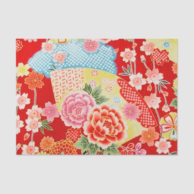 Red Yellow Blue Japanese Kimono Floral Decoupage Tissue Paper (Front)