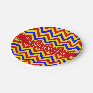 Red, Yellow, Blue LG Chevron Red Name Monogram Paper Plate