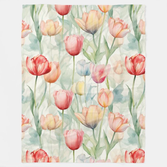 Red Yellow Blue Tulip Flowers Fleece Blanket (Front)
