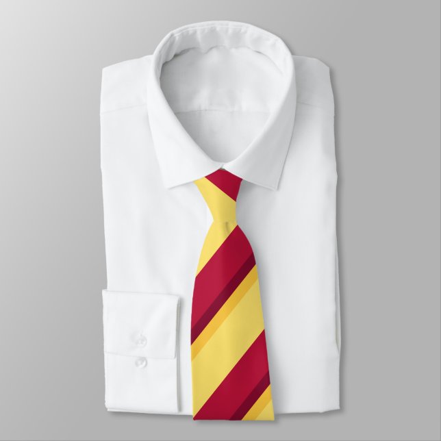 Red Yellow Burgundy and Gold Regimental Stripe Tie (Tied)