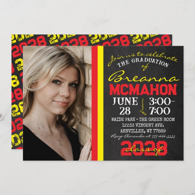 Red & Yellow Chalkboard Graduation Photo Invitation (Front/Back)