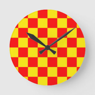 Red Yellow Check Chequered Pattern Design Round Clock