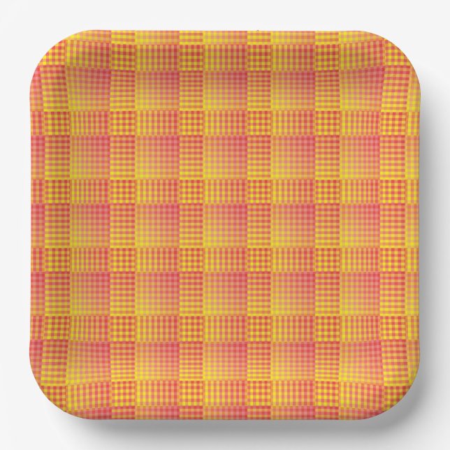 Red Yellow Checker Abstract Pattern Paper Plate (Front)