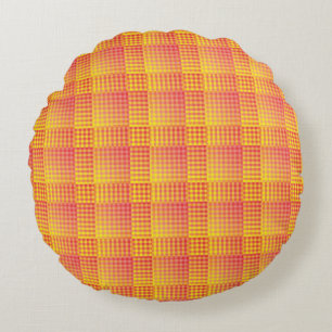 Red Yellow Chequered Abstract Pattern Round Cushion