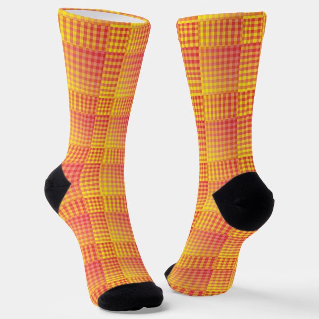 Red Yellow Chequered Abstract Pattern Socks (Angled)