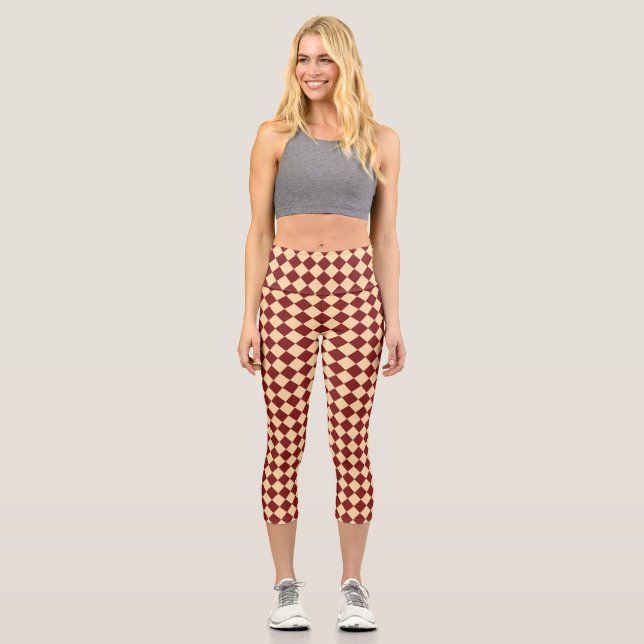 Red Yellow Chequered Diamond Pattern  Capri Leggings (Front)