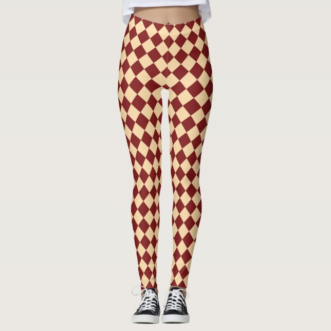Red Yellow Chequered Diamond Pattern  Leggings (Front)