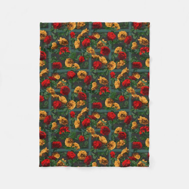 Red Yellow Elegant Floral Roses Fleece Blanket (Front)