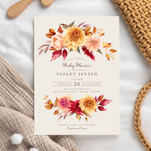 Red Yellow Fall Flowers Girl Baby Shower Invitation (Creator Uploaded)