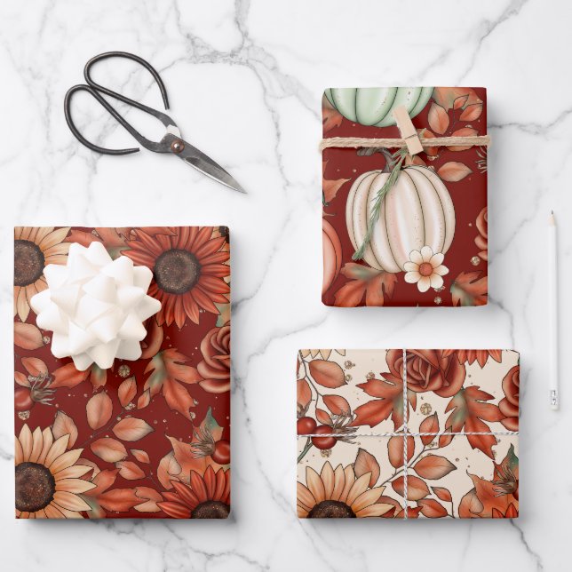 RED & YELLOW FALL SUNFLOWERS & AUTUMN PUMPKINS WRAPPING PAPER SHEET (Front)