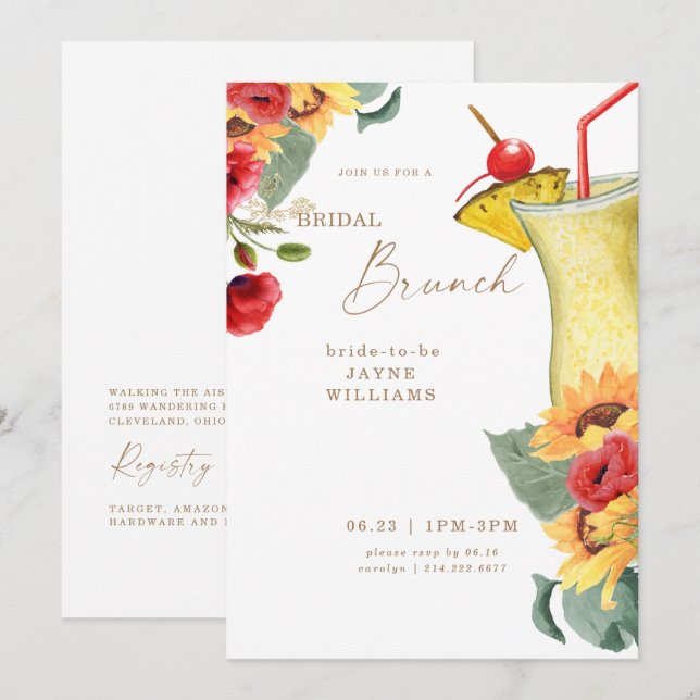 Red & Yellow Floral Bridal Brunch Colourful   Invitation (Front/Back)