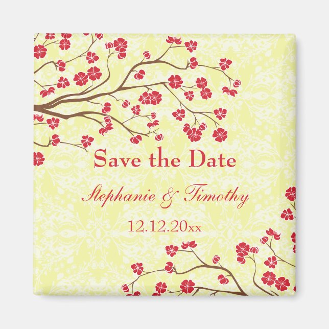 Red + yellow floral damask save the date magnet (Front)