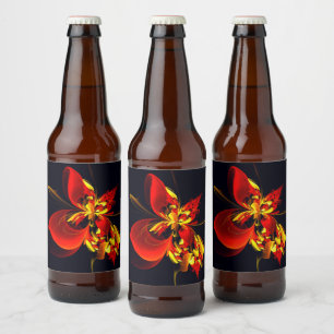 Red Yellow Floral Modern Abstract Art Pattern #10 Beer Bottle Label