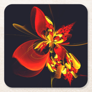 Red Yellow Floral Modern Abstract Art Pattern #10 Square Paper Coaster