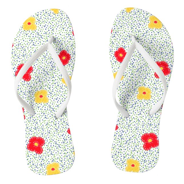 Red yellow flowers green blue circle polka dot flip flops (Footbed)