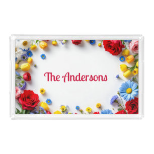 Red Yellow Flowers Nature Pattern Acrylic Tray