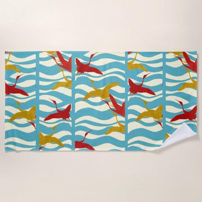 RED YELLOW FLYING CRANES ON WHITE BLUE SEA WAVES B BEACH TOWEL (Front)