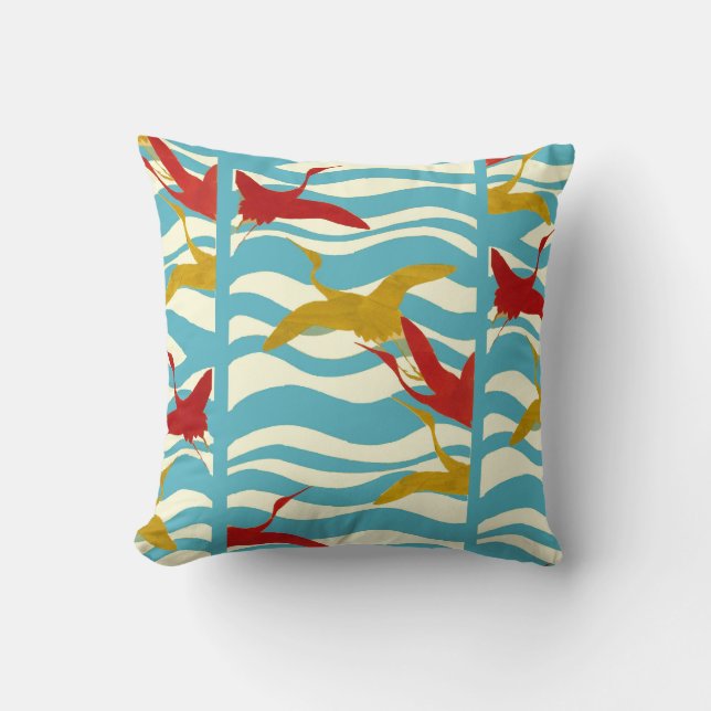 RED YELLOW FLYING CRANES ON WHITE BLUE SEA WAVES CUSHION (Front)