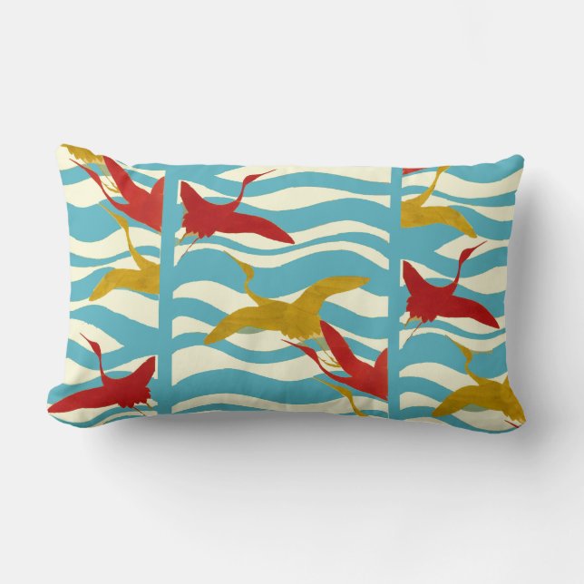 RED YELLOW FLYING CRANES ON WHITE BLUE SEA WAVES LUMBAR CUSHION (Front)