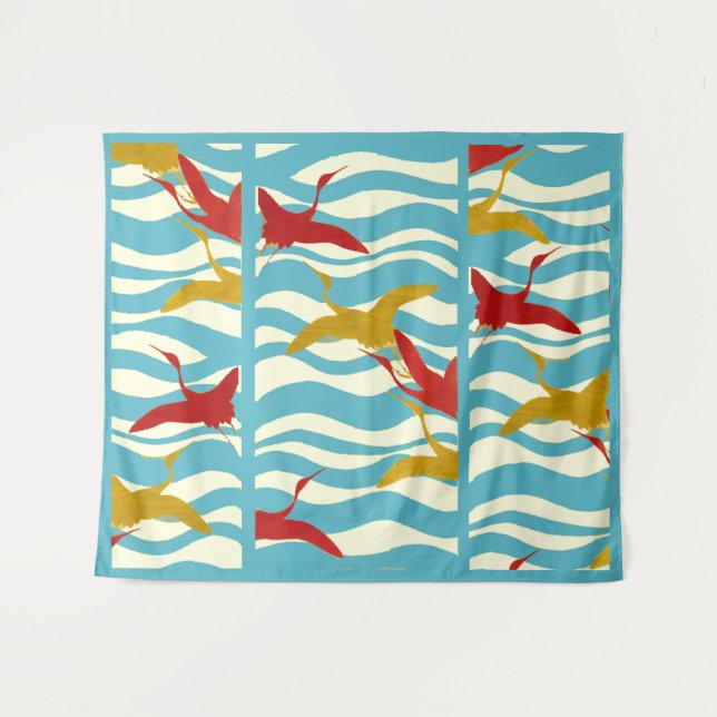 RED YELLOW FLYING CRANES ON WHITE BLUE SEA WAVES  TAPESTRY (Front (Horizontal))