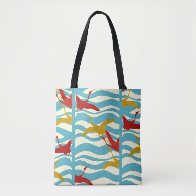 RED YELLOW FLYING CRANES ON WHITE BLUE SEA WAVES TOTE BAG (Front)