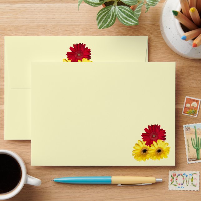Red Yellow Gerber Daisy Outside Inside Photo Envelopes (Desk)