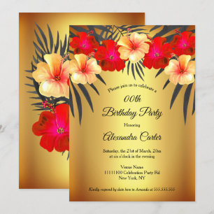 Red Yellow Gold Black Palm Hibiscus Birthday Party Invitation