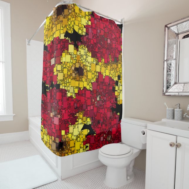 Red, Yellow, Gold Geometric Abstract Shower Curtain (In Situ)