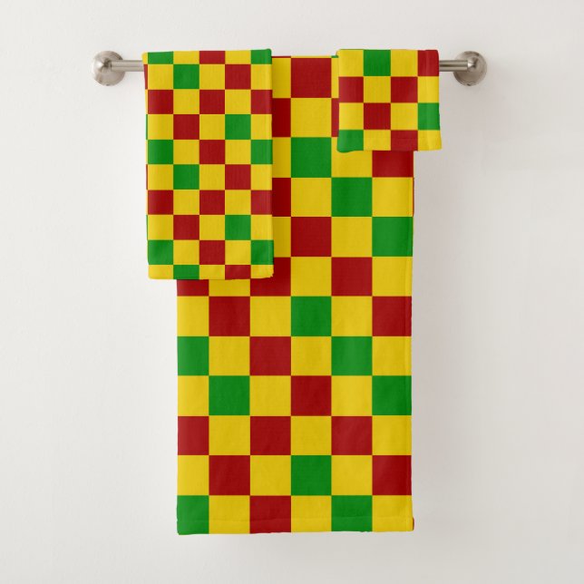 Red Yellow Green Chequered Pattern Design  Bath Towel Set (Insitu)