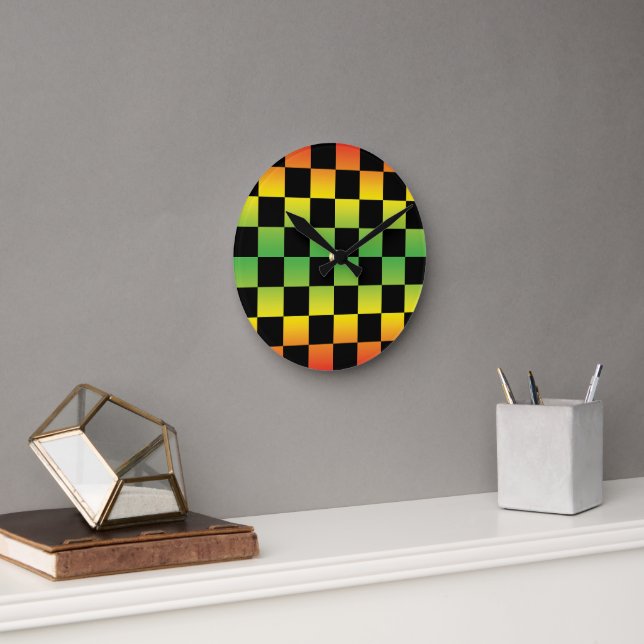 Red Yellow Green Rasta Ombre Chequerboard Round Clock (Office)