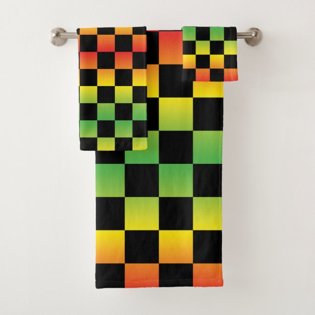  Red Yellow Green Rasta Ombre Chequered Bath Towel Set (Insitu)