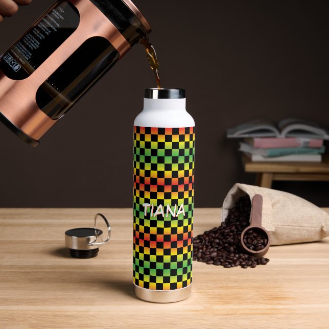  Red Yellow Green Rasta Ombre Chequered Monogram Water Bottle (Coffee)