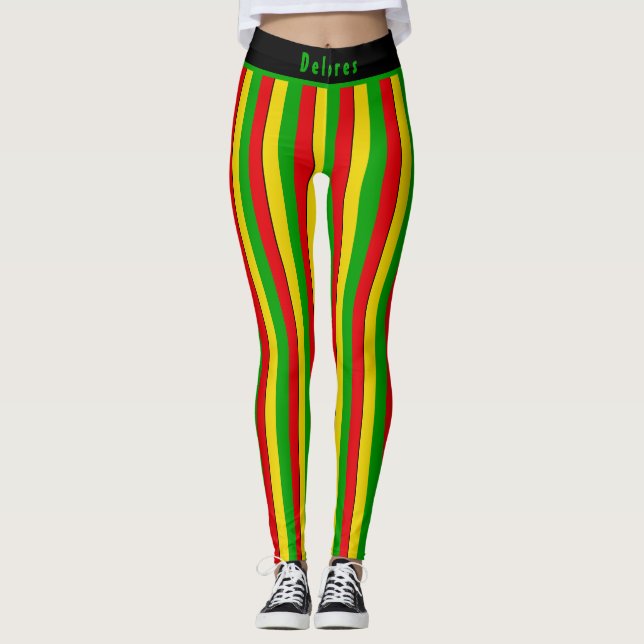 Red Yellow Green Rasta Striped Leggings (Front)