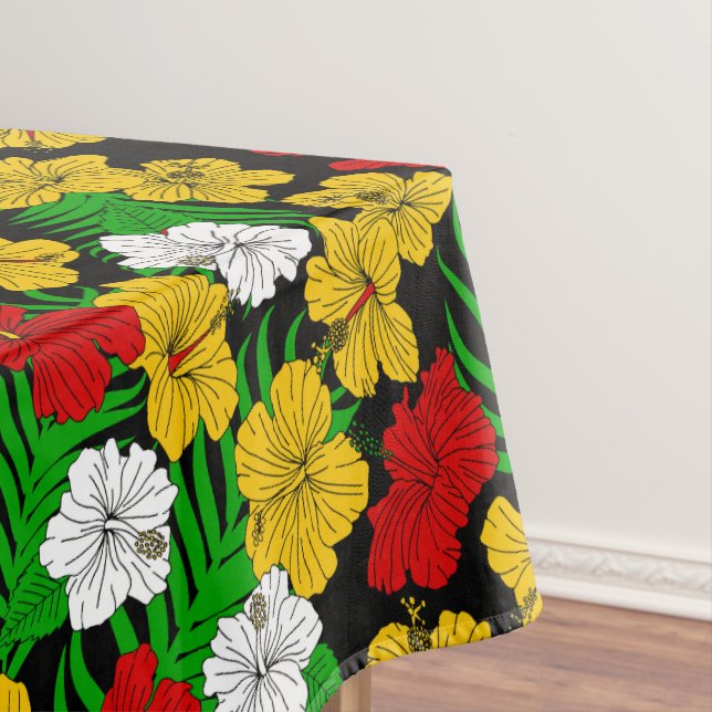 Red Yellow Green Tropical Hibiscus Flowers Tablecloth (In Situ)