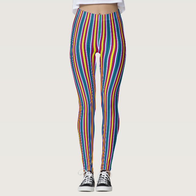 Red Yellow Green Vertical Stripes Leggings (Front)