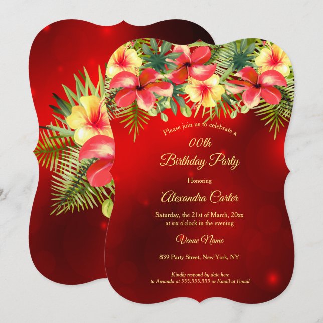 Red yellow Hibiscus Tropical Floral Party Invitation (Front/Back)