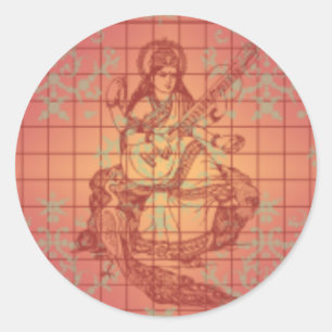 red yellow hindu Goddess Saraswati Wisdom India Classic Round Sticker