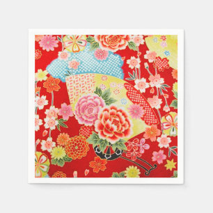 Red Yellow Japanese Kimono Floral Decoupage Paper Napkin