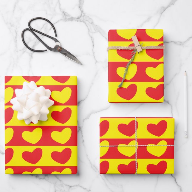 Red Yellow Love Hearts Wrapping Paper Sheet (Front)