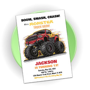 Red Yellow Monster Truck Birthday Invitations