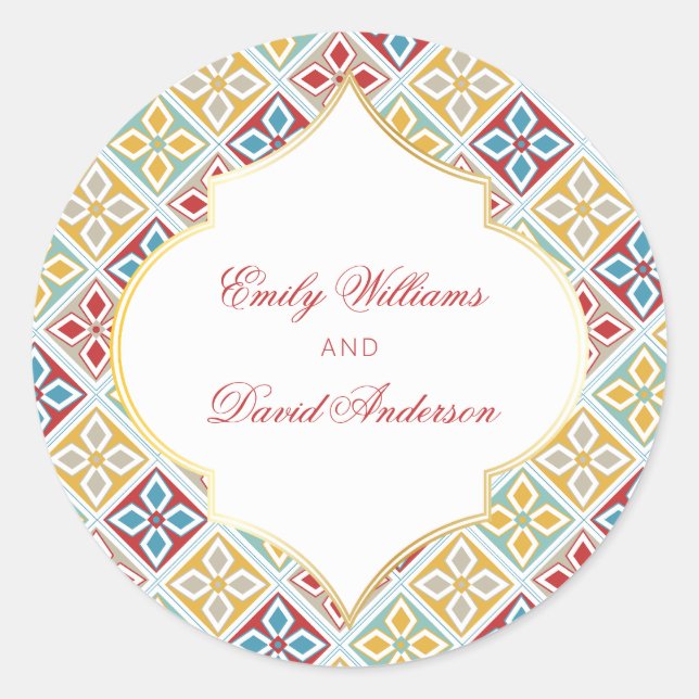 Red Yellow Moroccan Tiles Pattern  Classic Round Sticker (Front)