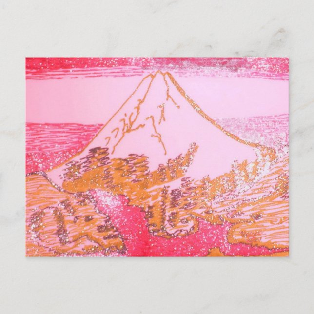 Red Yellow Mt. Fuji Japan Drawing of Hokusai Paint Postcard (Front)