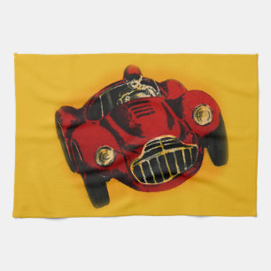 Red Yellow Old Auto Racing Car Tea Towel