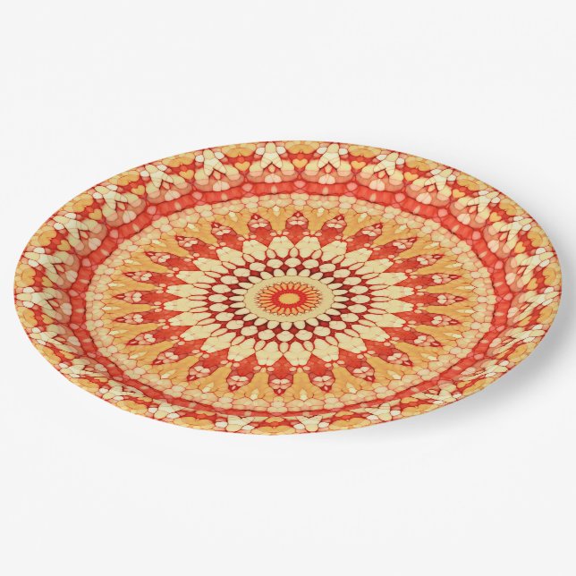 Red Yellow Orange Summer Sun Mandala Pattern Paper Plate (Angled)
