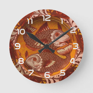 Red & Yellow Pattern Antique Fish Swimming Classic Round Clock