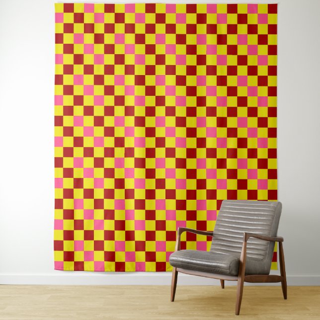 Red Yellow Pink Chequered Pattern Design  Tapestry (In Situ)