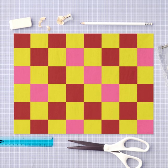 Red Yellow Pink Chequered Pattern Design  Tissue Paper (Craft)