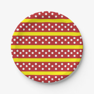Red Yellow Polka Dot Stripes Pattern Paper Plate